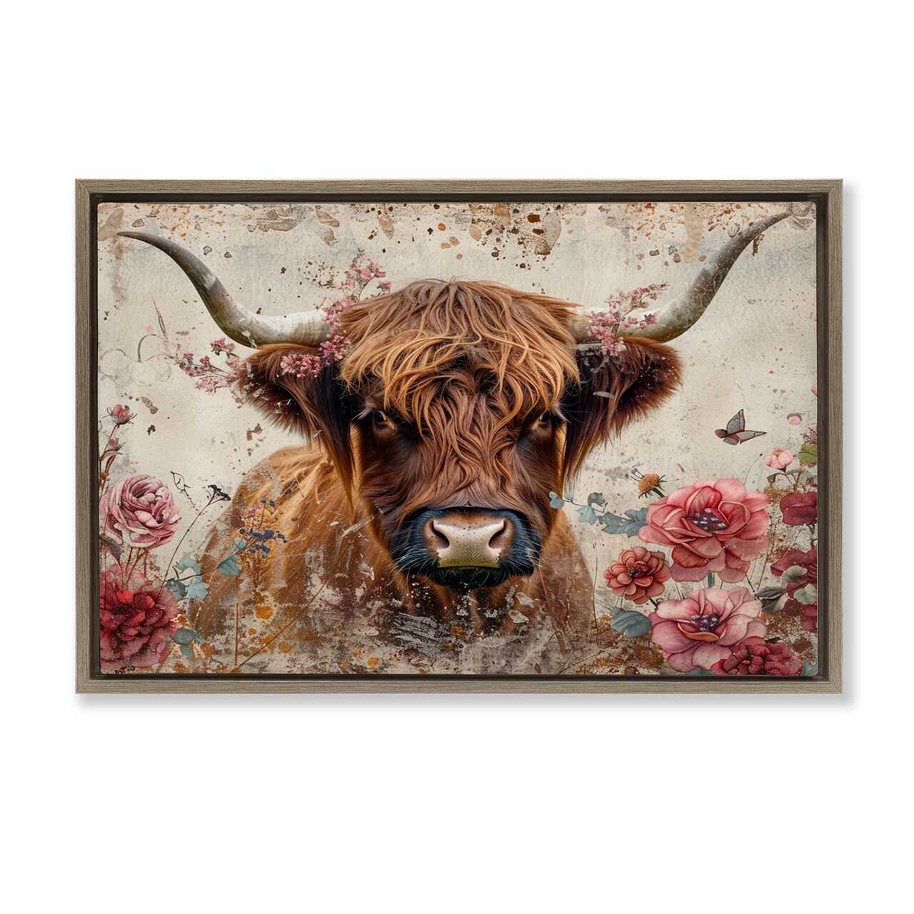 Stupell Industries Highland Cow in Spring Floater Framed Canvas Wall Art Design by LSR Design Studio
